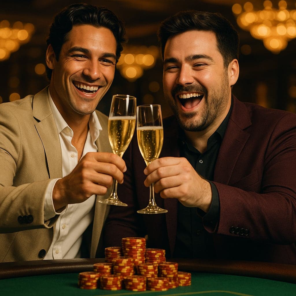 Michael and Chris clinking champagne over a stack of chips