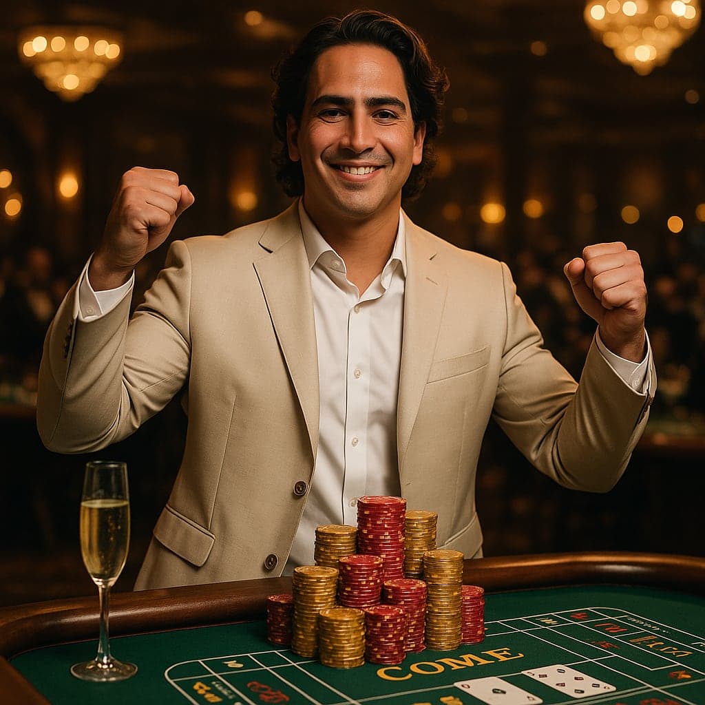 Chris with both fists up at the craps table
